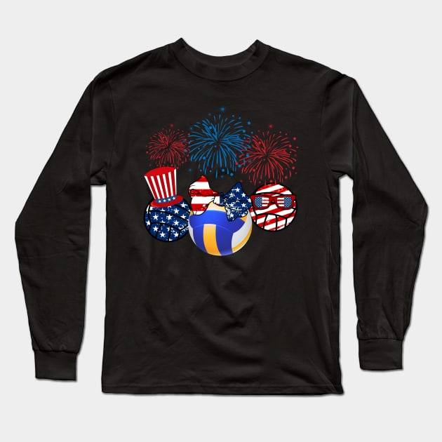 Volleyball American Flag Fireworks Long Sleeve T-Shirt by Flavie Kertzmann